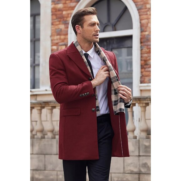Mens Wine Red Trench Overcoat Wool Blend Coat with Detachable Single Breasted - Picture 2 of 6